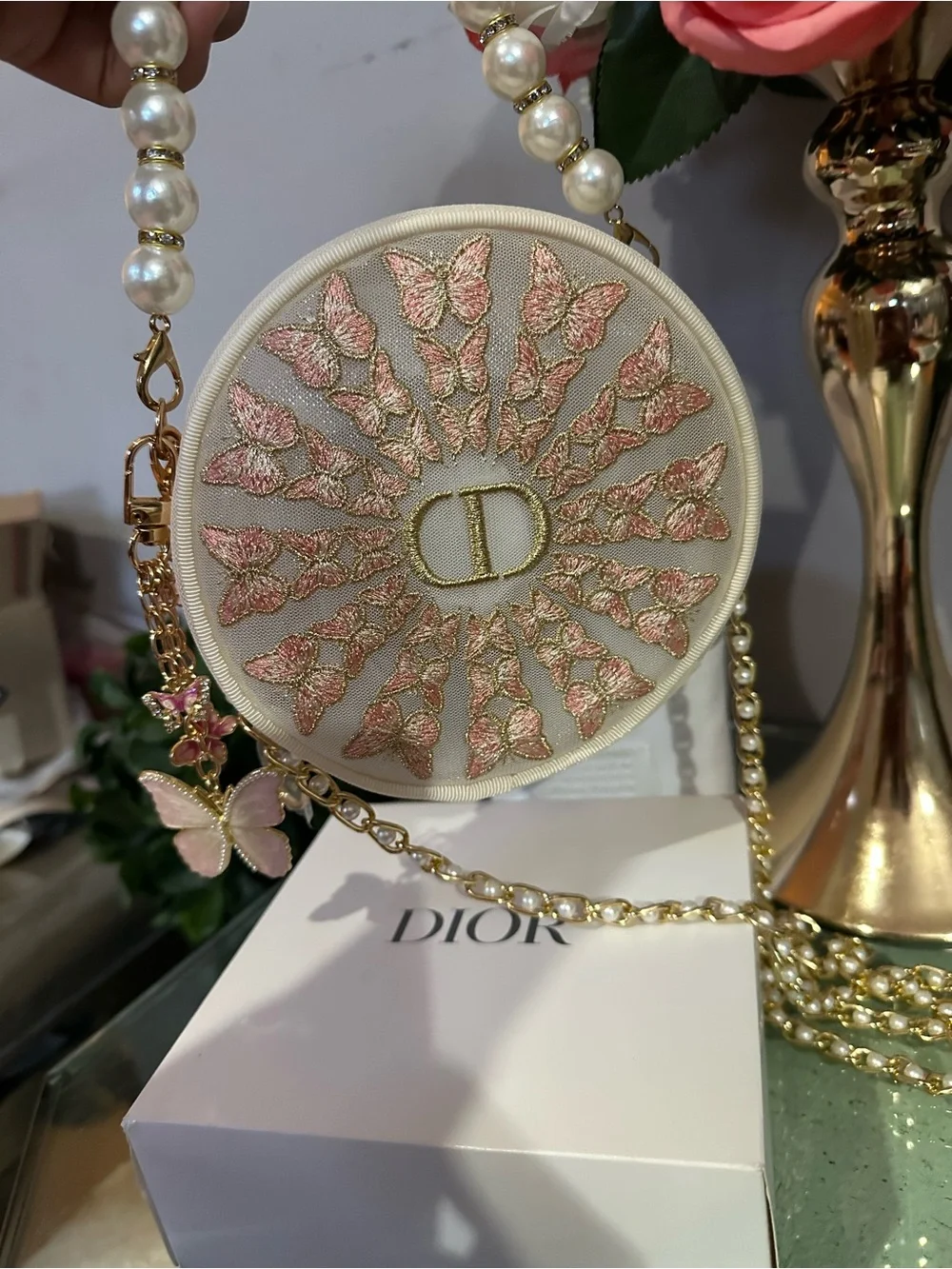 Dior 2026 Spring Limited Edition Butterfly Embroidery Cosmetic Round Pouch-NIB